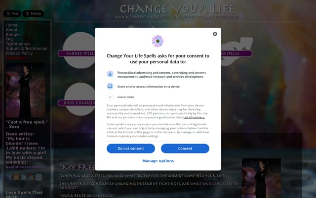 Screenshot of changeyourlifespells.com