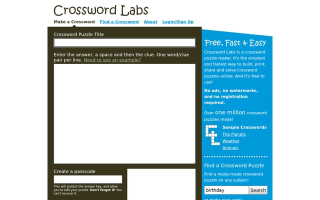 Screenshot of crosswordlabs.com