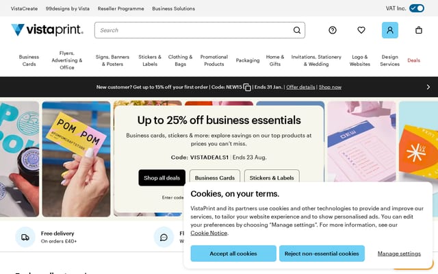 Screenshot of vistaprint.co.uk