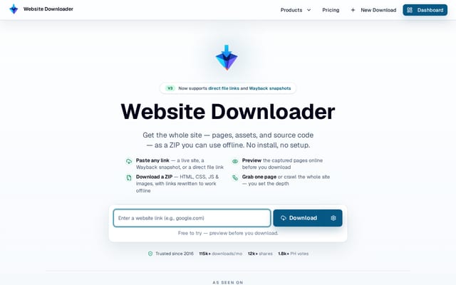 Screenshot of websitedownloader.io