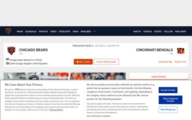 Screenshot of chicagobears.com