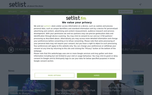 Screenshot of setlist.fm