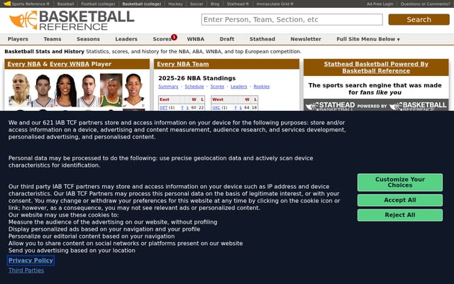 Screenshot of basketball-reference.com