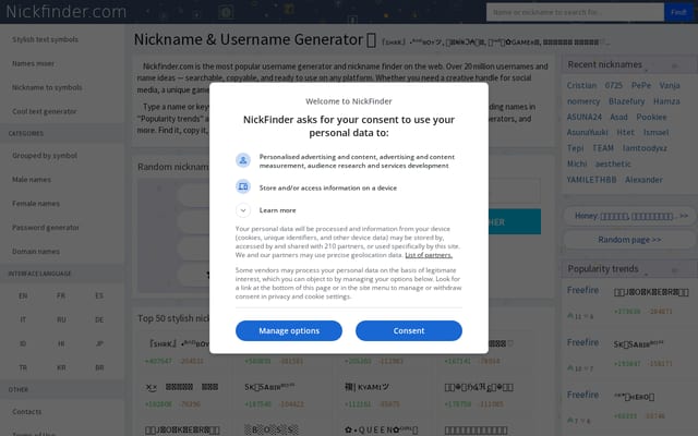 Screenshot of nickfinder.com
