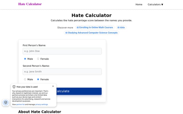 Screenshot of hatecalculator.com