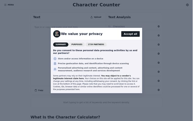 Screenshot of charactercalculator.com