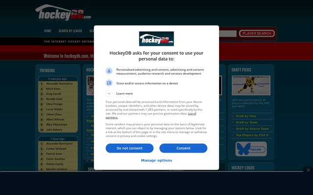 Screenshot of hockeydb.com