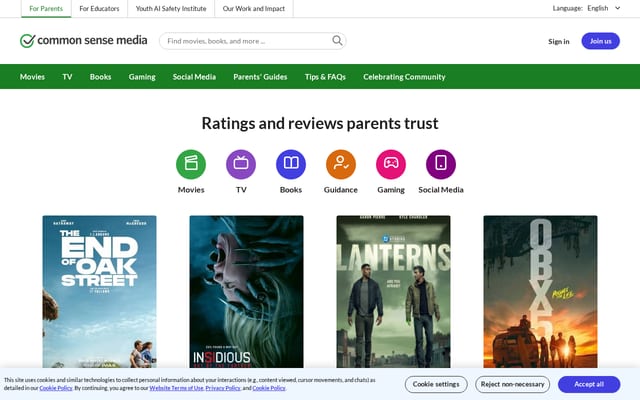 Screenshot of commonsensemedia.org