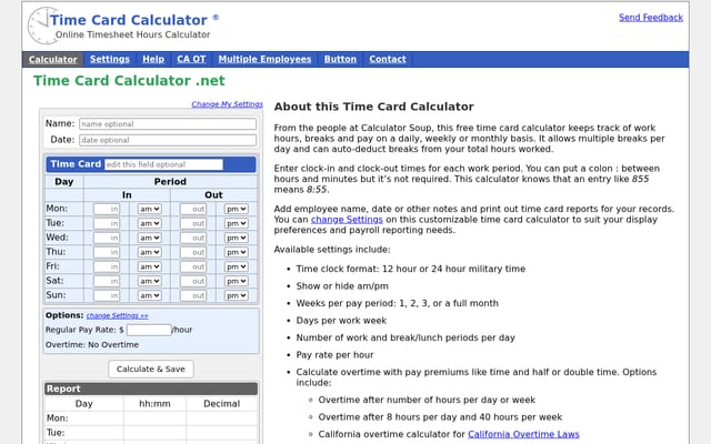 Screenshot of timecardcalculator.net