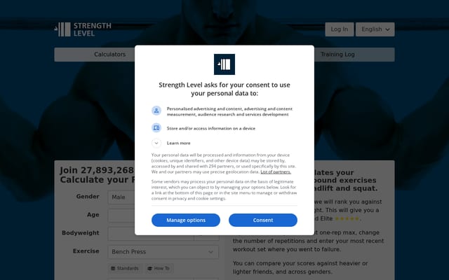Screenshot of strengthlevel.com