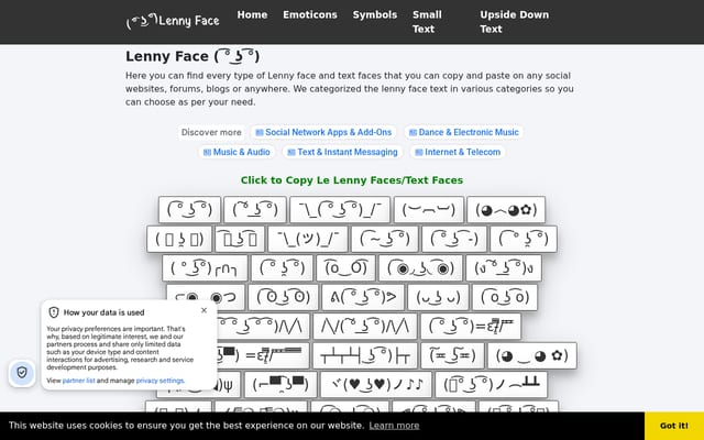 Screenshot of lennyfacecopypaste.com