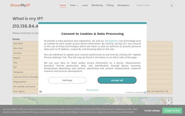 Screenshot of showmyip.com