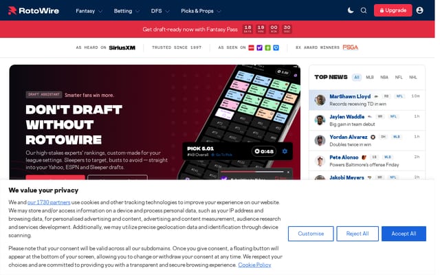 Screenshot of rotowire.com