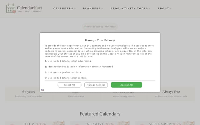 Screenshot of calendarkart.com