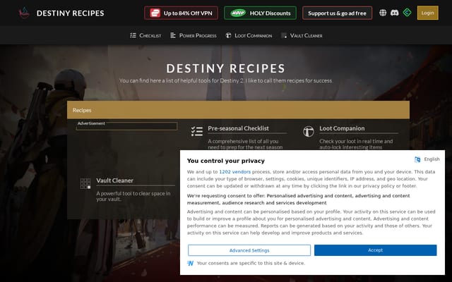 Screenshot of destinyrecipes.com