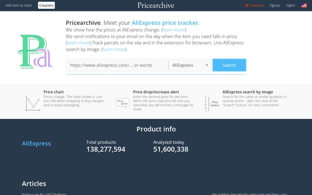 Screenshot of pricearchive.org