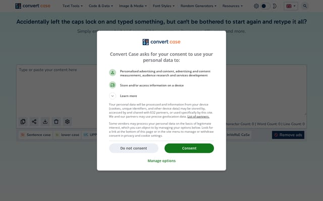 Screenshot of convertcase.net