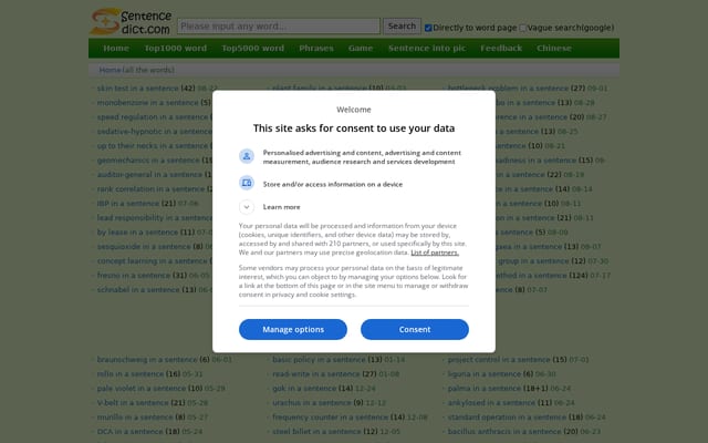 Screenshot of sentencedict.com