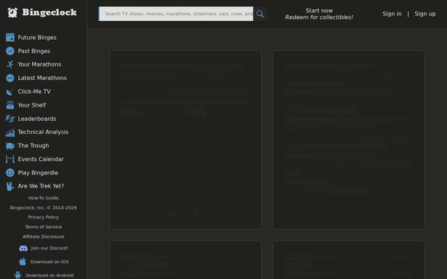 Screenshot of bingeclock.com
