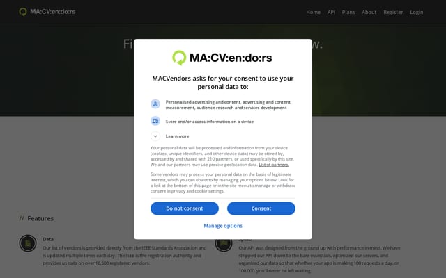 Screenshot of macvendors.com