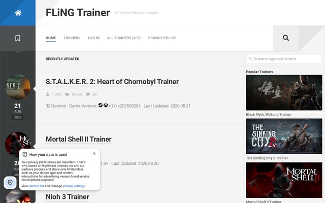 Screenshot of flingtrainer.com