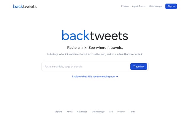 Screenshot of backtweets.com