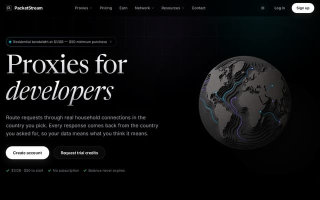 Screenshot of packetstream.io