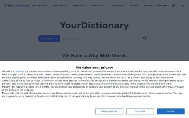 Screenshot of yourdictionary.com
