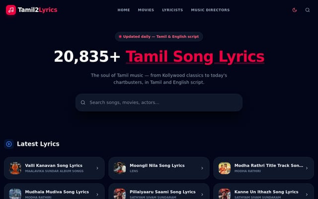 Screenshot of tamil2lyrics.com