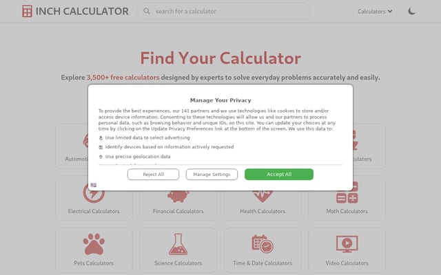 Screenshot of inchcalculator.com