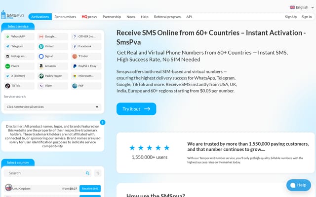 Screenshot of smspva.com