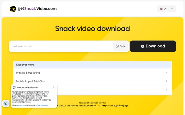 Screenshot of getsnackvideo.com
