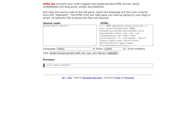 Screenshot of hilite.me