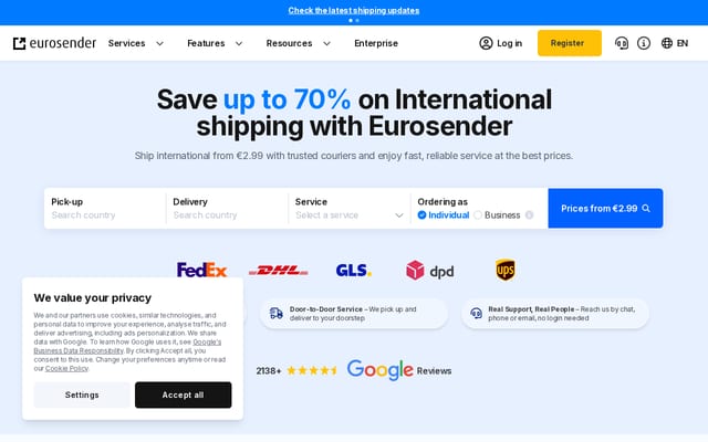 Screenshot of eurosender.com