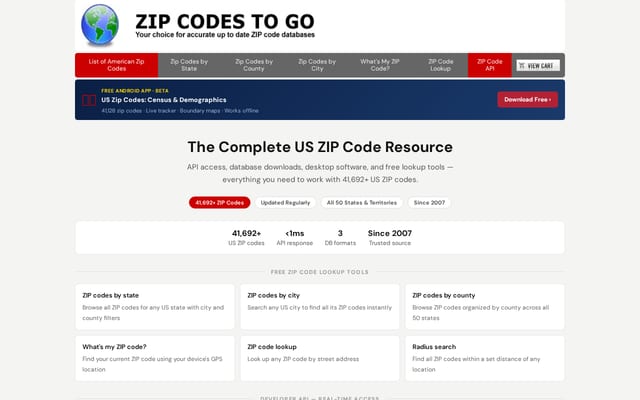 Screenshot of zipcodestogo.com