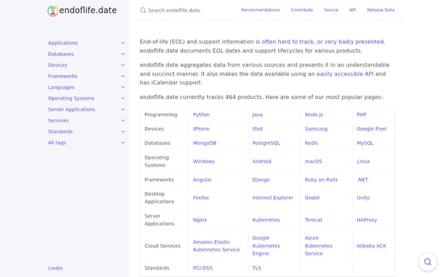 Screenshot of endoflife.date