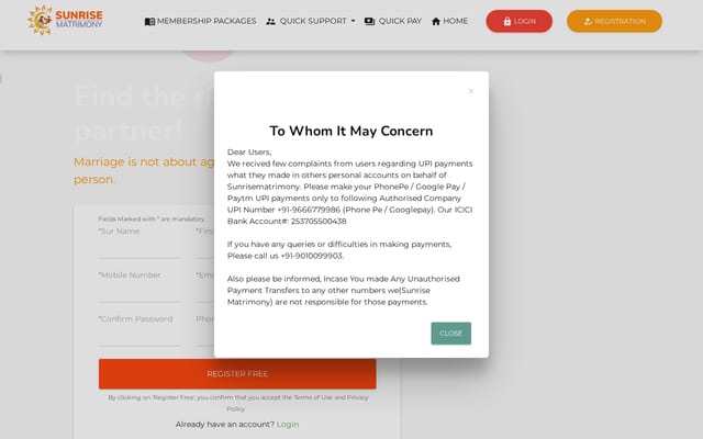 Screenshot of sunrisematrimony.com