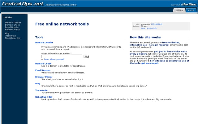 Screenshot of centralops.net