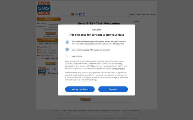 Screenshot of sendsmsnow.com