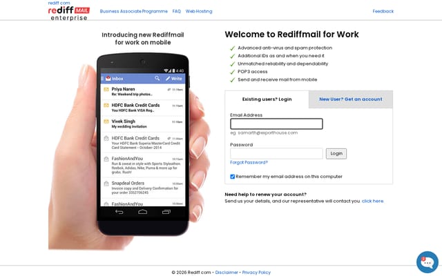 Screenshot of rediffmailpro.com