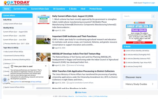 Screenshot of gktoday.in