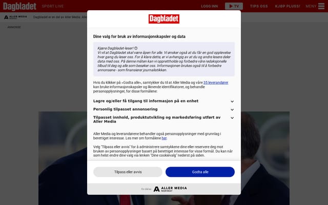 Screenshot of dagbladet.no