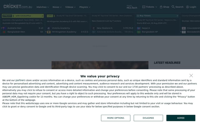 Screenshot of cricket.com.au