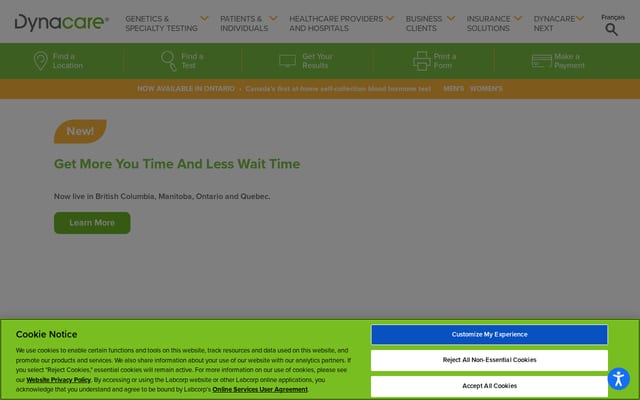 Screenshot of dynacare.ca