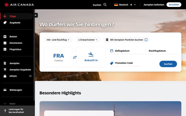 Screenshot of aircanada.ca