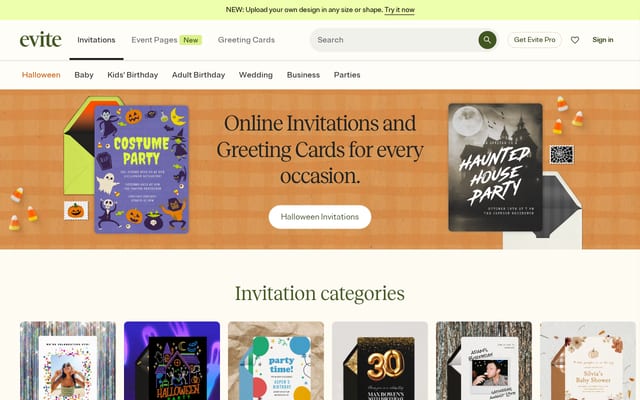 Screenshot of evite.com