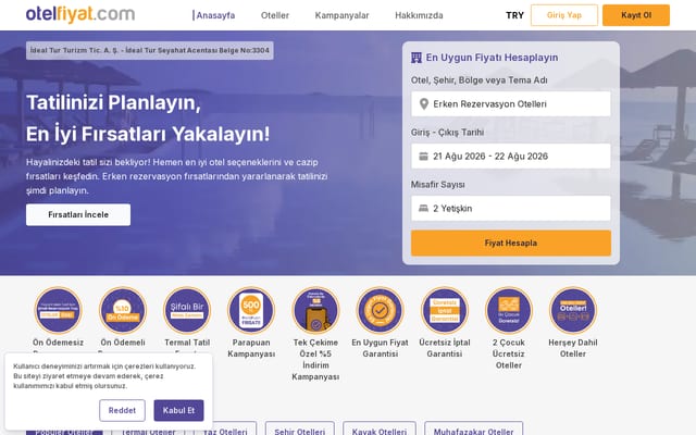 Screenshot of otelfiyat.com