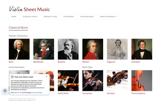 Screenshot of violinsheetmusic.org