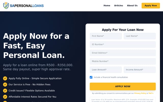 Screenshot of sapersonalloans.co.za
