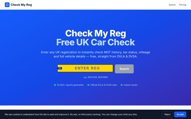 Screenshot of checkmyreg.com